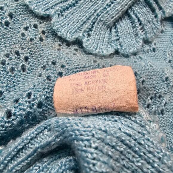 Vintage Preppy Sweater Women Size Small Blue 80s Knit Prairie Ruffle Collar Twee - Picture 10 of 10
